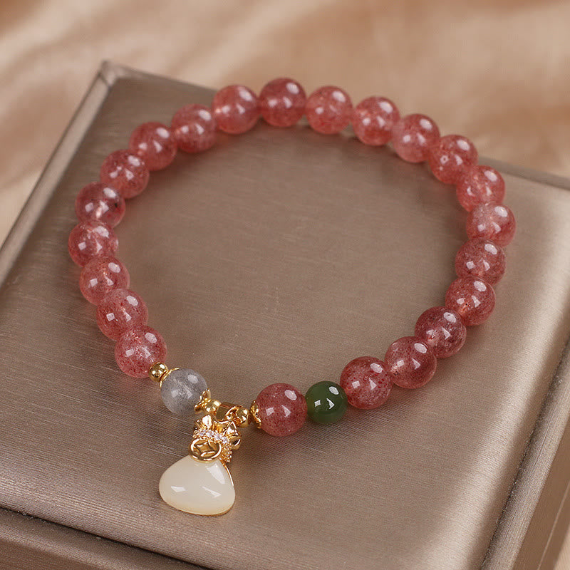 Fortune Jewel Natural Strawberry Quartz Money Bag Charm Positive Bracelet