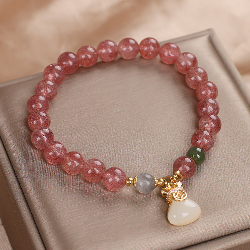 Fortune Jewel Natural Strawberry Quartz Money Bag Charm Positive Bracelet