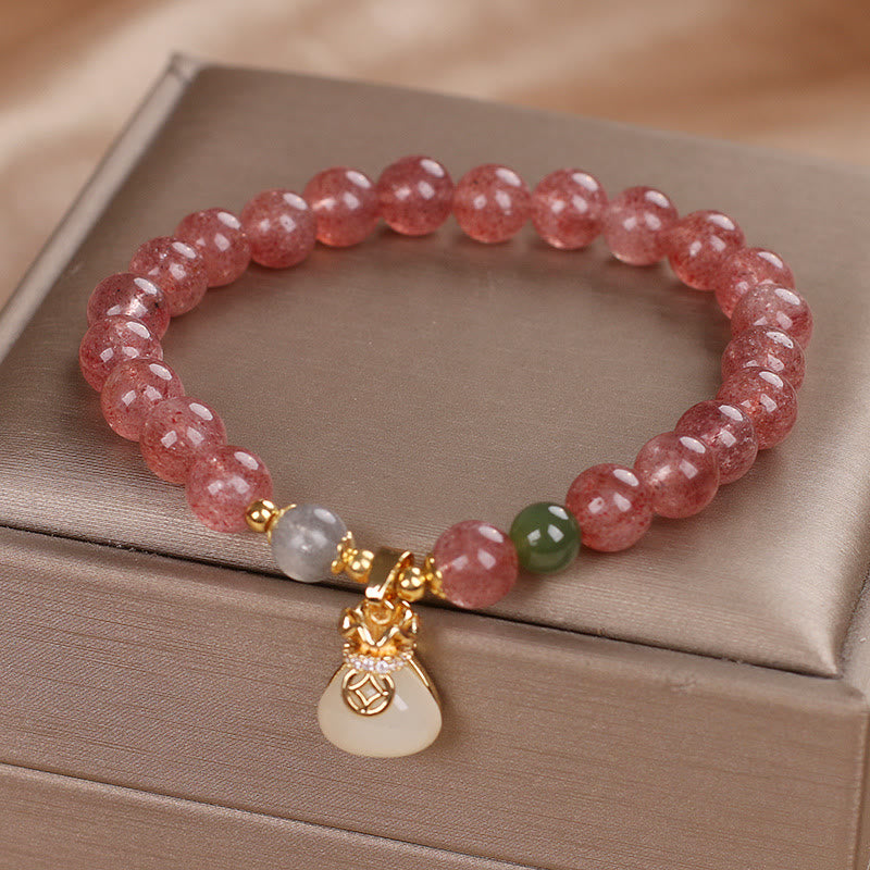 Fortune Jewel Natural Strawberry Quartz Money Bag Charm Positive Bracelet