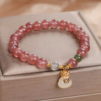 Fortune Jewel Natural Strawberry Quartz Money Bag Charm Positive Bracelet