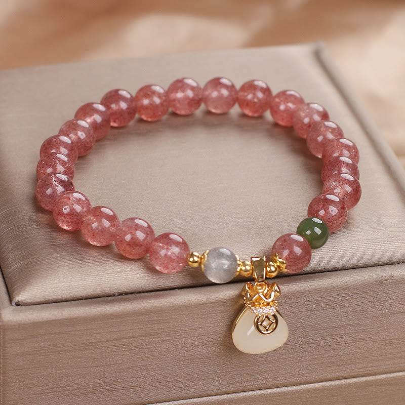 Fortune Jewel Natural Strawberry Quartz Money Bag Charm Positive Bracelet