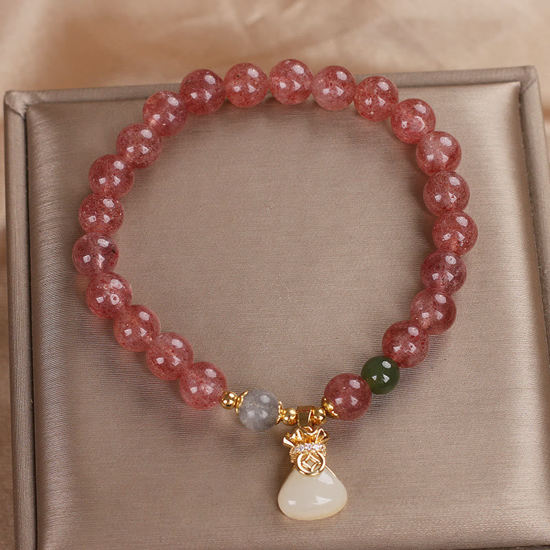 Fortune Jewel Natural Strawberry Quartz Money Bag Charm Positive Bracelet