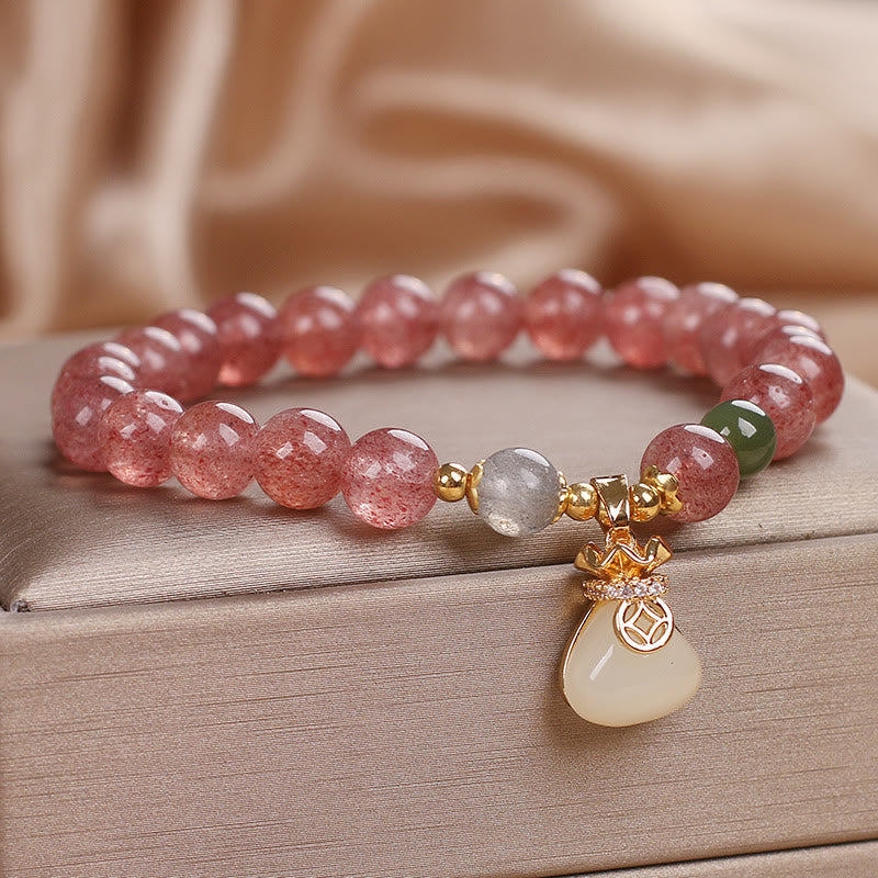 Fortune Jewel Natural Strawberry Quartz Money Bag Charm Positive Bracelet