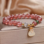 Fortune Jewel Natural Strawberry Quartz Money Bag Charm Positive Bracelet