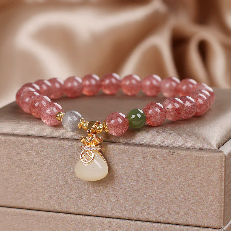 Fortune Jewel Natural Strawberry Quartz Money Bag Charm Positive Bracelet