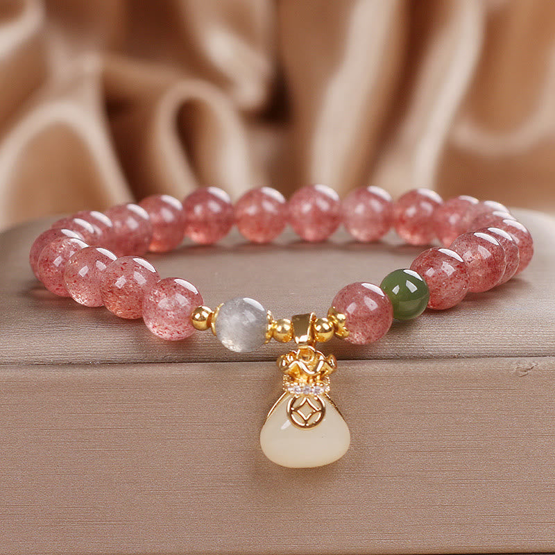 Fortune Jewel Natural Strawberry Quartz Money Bag Charm Positive Bracelet