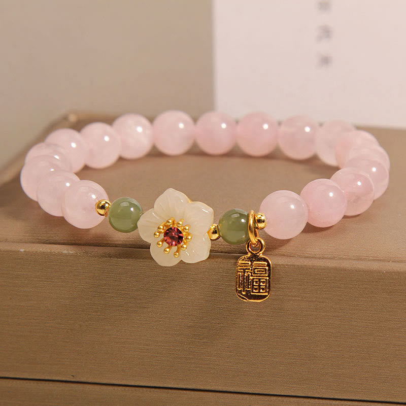 Fortune Jewel Rose Quartz Peach Blossom Hetian Jade Fu Character Relationships Healing Bracelet