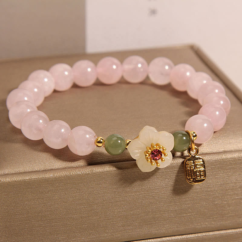 Fortune Jewel Rose Quartz Peach Blossom Hetian Jade Fu Character Relationships Healing Bracelet