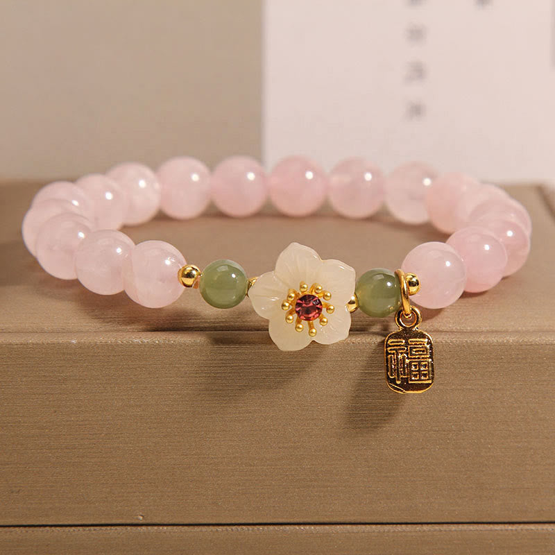Fortune Jewel Rose Quartz Peach Blossom Hetian Jade Fu Character Relationships Healing Bracelet
