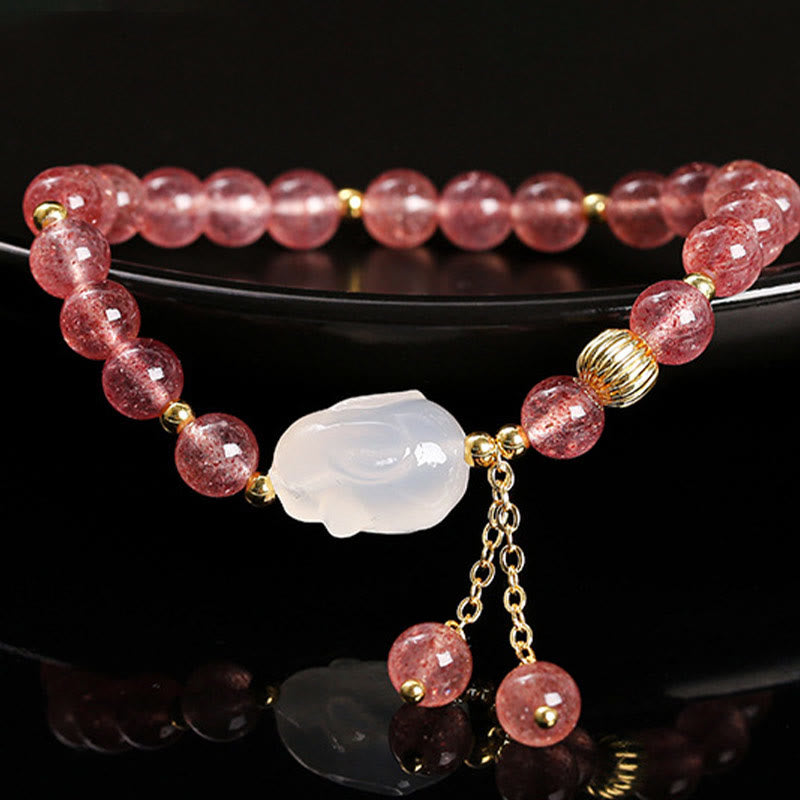 Fortune Jewel Natural Strawberry Quartz Agate Rabbit Healing Bracelet
