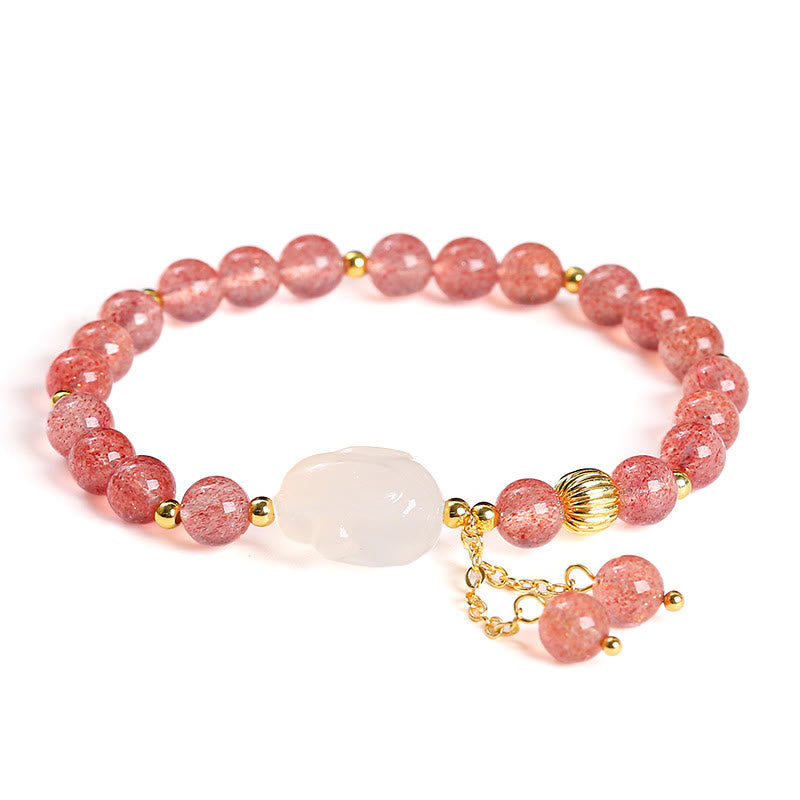 Fortune Jewel Natural Strawberry Quartz Agate Rabbit Healing Bracelet