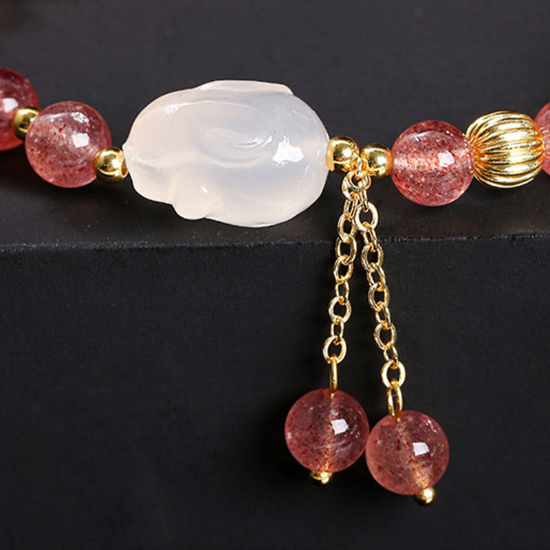 Fortune Jewel Natural Strawberry Quartz Agate Rabbit Healing Bracelet