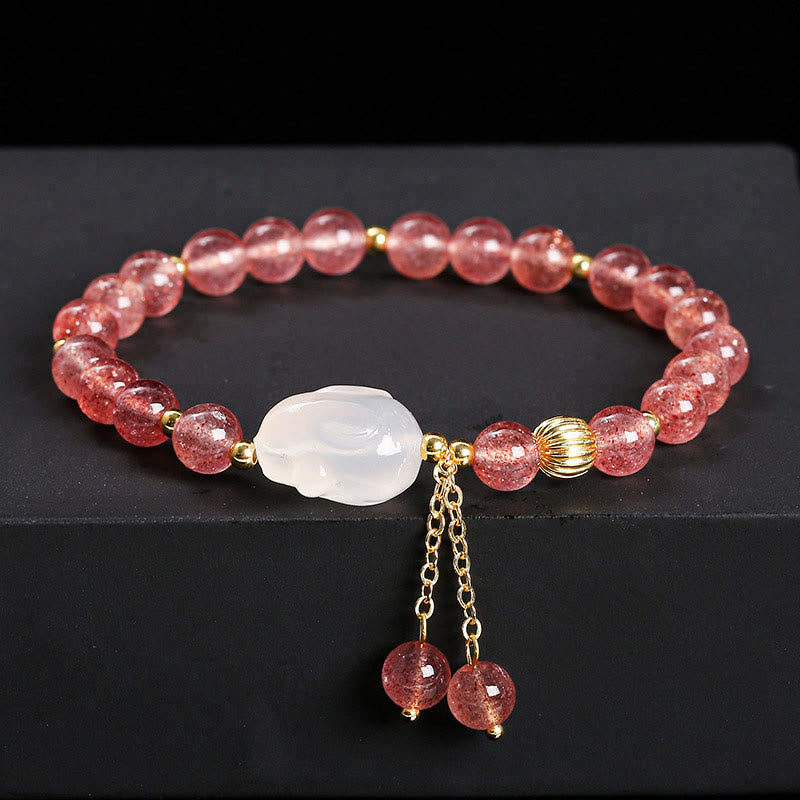 Fortune Jewel Natural Strawberry Quartz Agate Rabbit Healing Bracelet