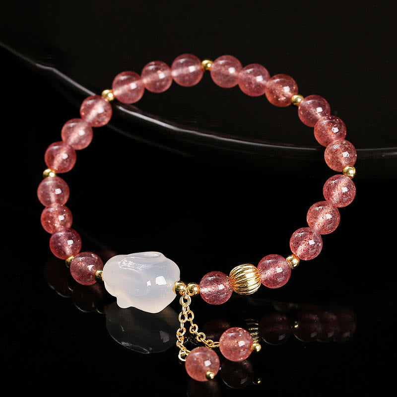 Fortune Jewel Natural Strawberry Quartz Agate Rabbit Healing Bracelet