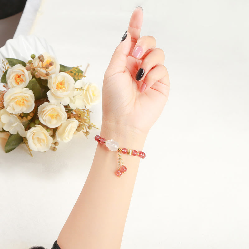 Fortune Jewel Natural Strawberry Quartz Agate Rabbit Healing Bracelet