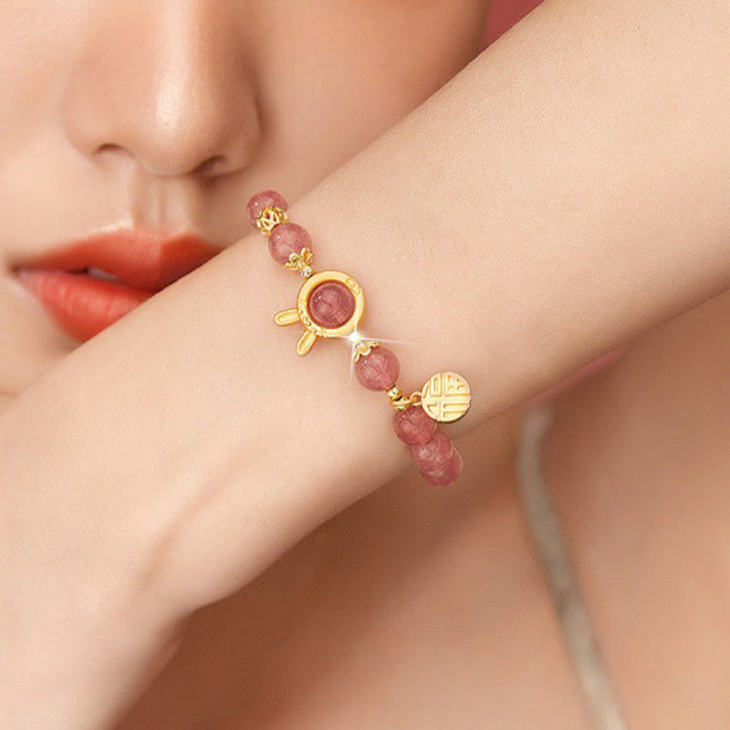 Fortune Jewel Natural Strawberry Quartz Rabbit Fu Character Charm Love Bracelet