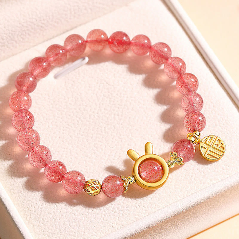 Fortune Jewel Natural Strawberry Quartz Rabbit Fu Character Charm Love Bracelet