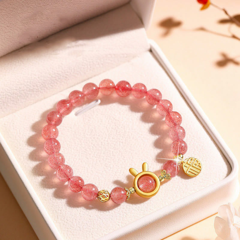 Fortune Jewel Natural Strawberry Quartz Rabbit Fu Character Charm Love Bracelet