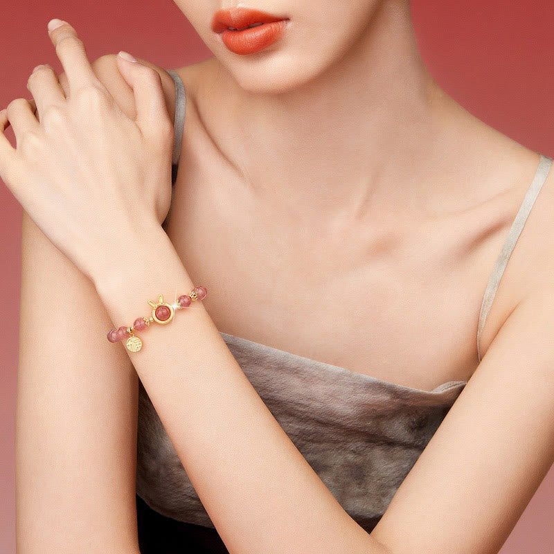 Fortune Jewel Natural Strawberry Quartz Rabbit Fu Character Charm Love Bracelet