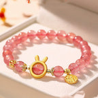Fortune Jewel Natural Strawberry Quartz Rabbit Fu Character Charm Love Bracelet