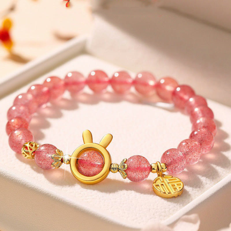 Fortune Jewel Natural Strawberry Quartz Rabbit Fu Character Charm Love Bracelet