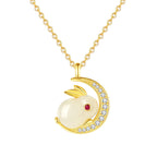 Fortune Jewel 925 Sterling Silver Hetian White Jade Rabbit Crescent Moon Luck Necklace Pendant