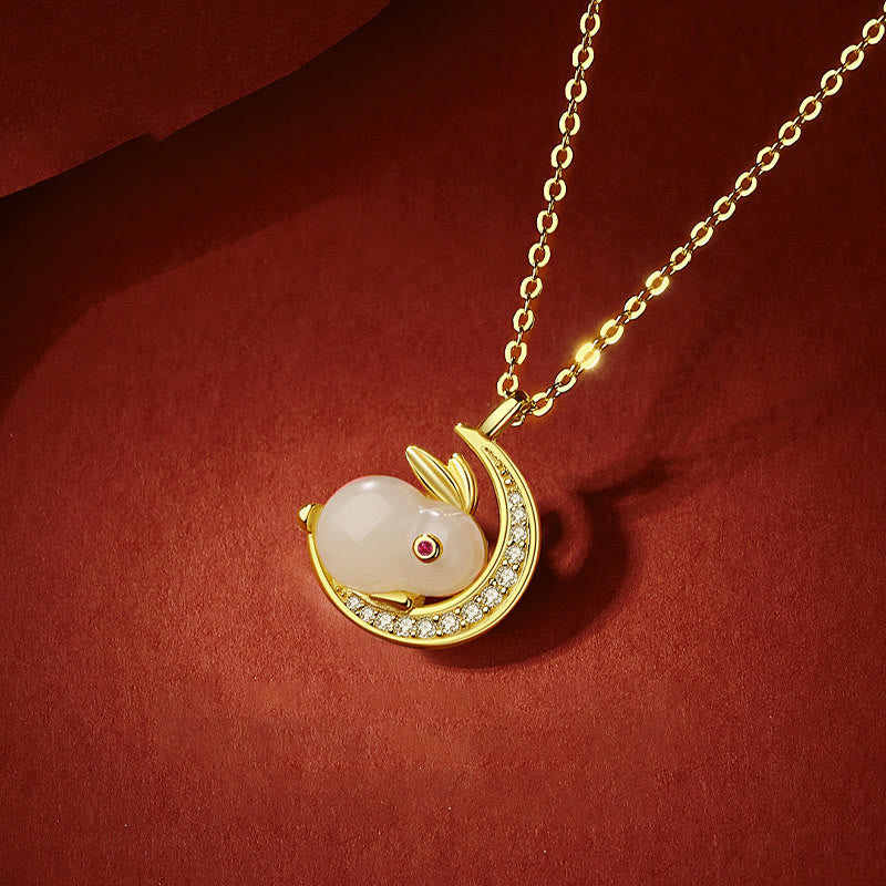 Fortune Jewel 925 Sterling Silver Hetian White Jade Rabbit Crescent Moon Luck Necklace Pendant