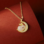 Fortune Jewel 925 Sterling Silver Hetian White Jade Rabbit Crescent Moon Luck Necklace Pendant