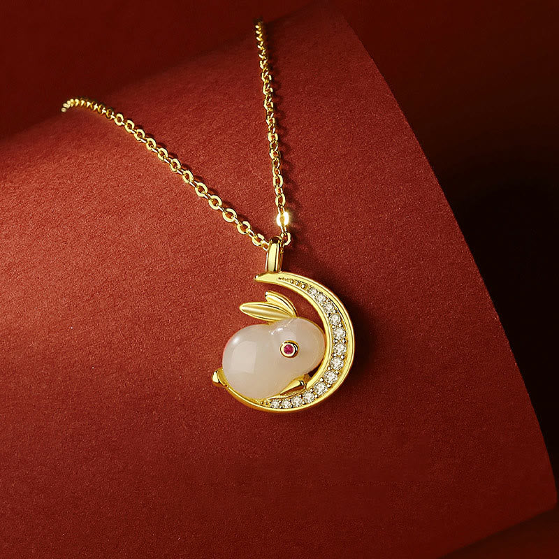 Fortune Jewel 925 Sterling Silver Hetian White Jade Rabbit Crescent Moon Luck Necklace Pendant