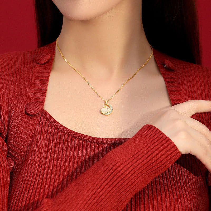 Fortune Jewel 925 Sterling Silver Hetian White Jade Rabbit Crescent Moon Luck Necklace Pendant