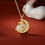Fortune Jewel 925 Sterling Silver Hetian White Jade Rabbit Crescent Moon Luck Necklace Pendant