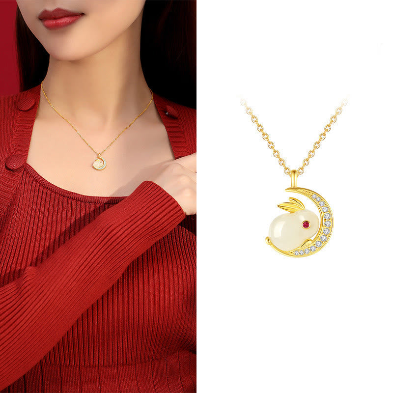 Fortune Jewel 925 Sterling Silver Hetian White Jade Rabbit Crescent Moon Luck Necklace Pendant