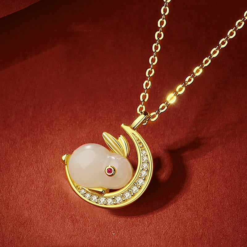 Fortune Jewel 925 Sterling Silver Hetian White Jade Rabbit Crescent Moon Luck Necklace Pendant