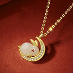 Fortune Jewel 925 Sterling Silver Hetian White Jade Rabbit Crescent Moon Luck Necklace Pendant