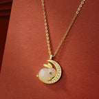 Fortune Jewel 925 Sterling Silver Hetian White Jade Rabbit Crescent Moon Luck Necklace Pendant