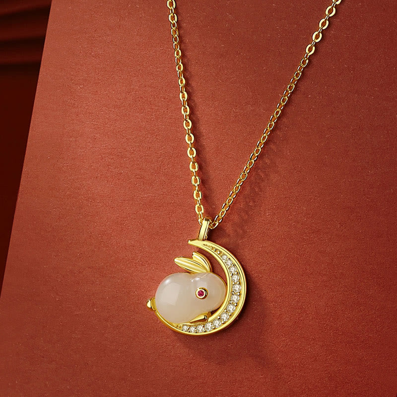 Fortune Jewel 925 Sterling Silver Hetian White Jade Rabbit Crescent Moon Luck Necklace Pendant