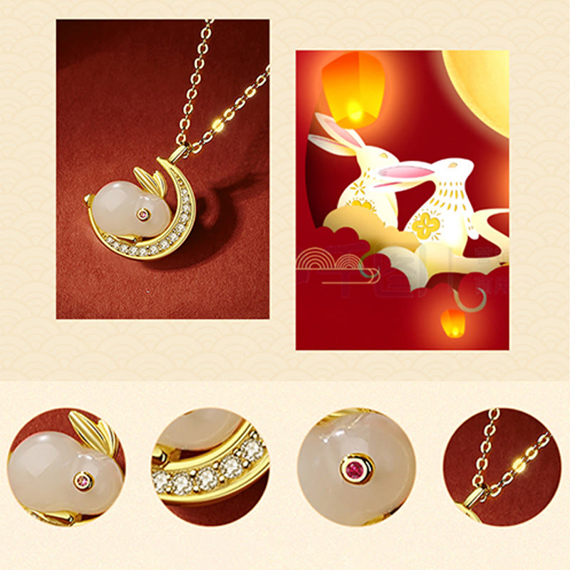 Fortune Jewel 925 Sterling Silver Hetian White Jade Rabbit Crescent Moon Luck Necklace Pendant