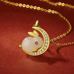 Fortune Jewel 925 Sterling Silver Hetian White Jade Rabbit Crescent Moon Luck Necklace Pendant