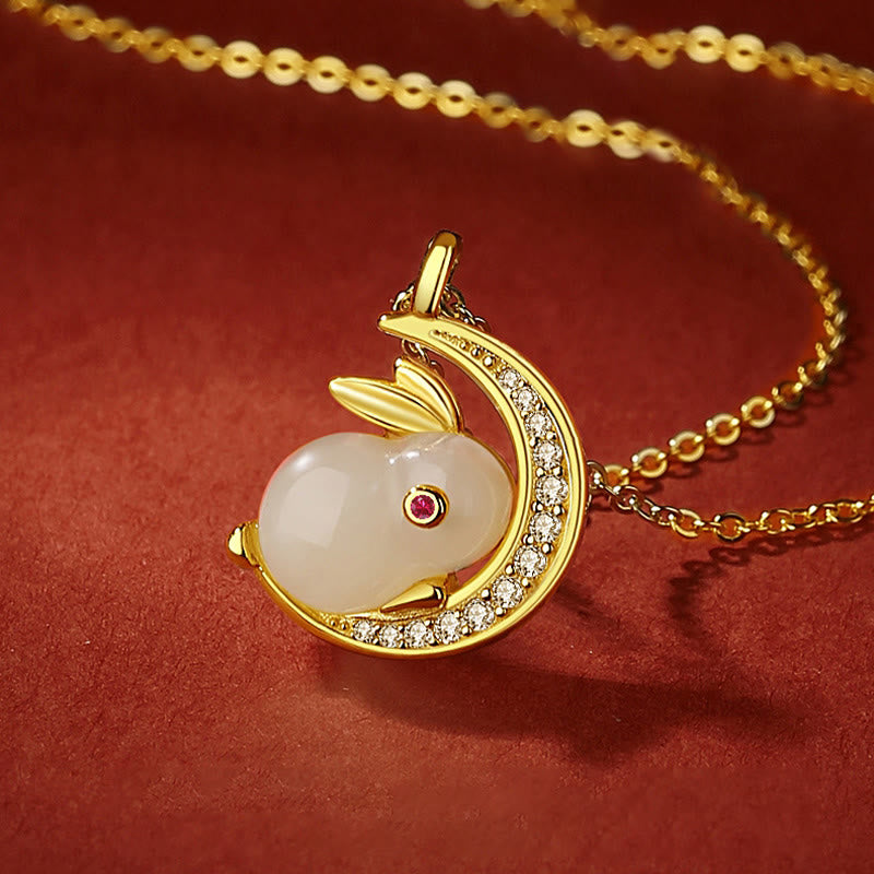 Fortune Jewel 925 Sterling Silver Hetian White Jade Rabbit Crescent Moon Luck Necklace Pendant