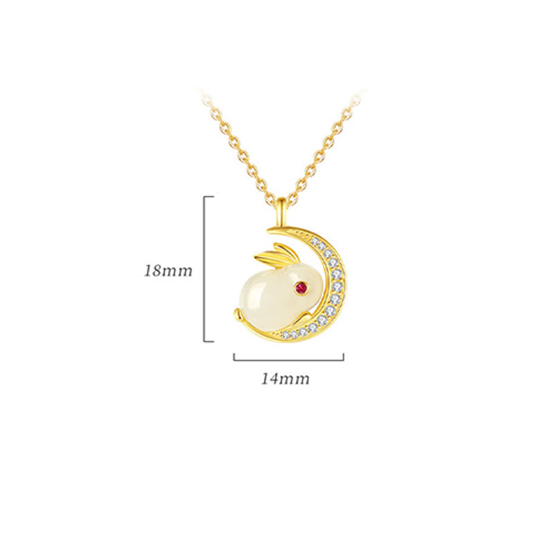 Fortune Jewel 925 Sterling Silver Hetian White Jade Rabbit Crescent Moon Luck Necklace Pendant