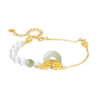 Fortune Jewel 999 Sterling Silver Natural Hetian Jade Peace Buckle Peach Blossom Luck Bracelet