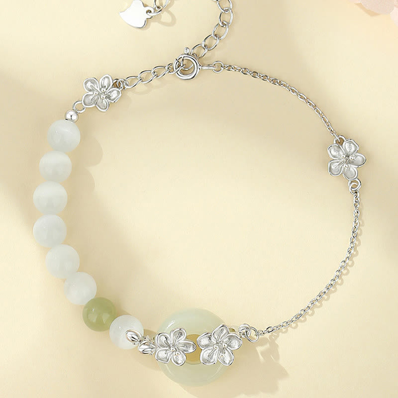 Fortune Jewel 999 Sterling Silver Natural Hetian Jade Peace Buckle Peach Blossom Luck Bracelet