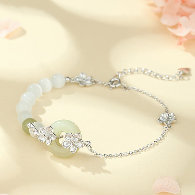 Fortune Jewel 999 Sterling Silver Natural Hetian Jade Peace Buckle Peach Blossom Luck Bracelet