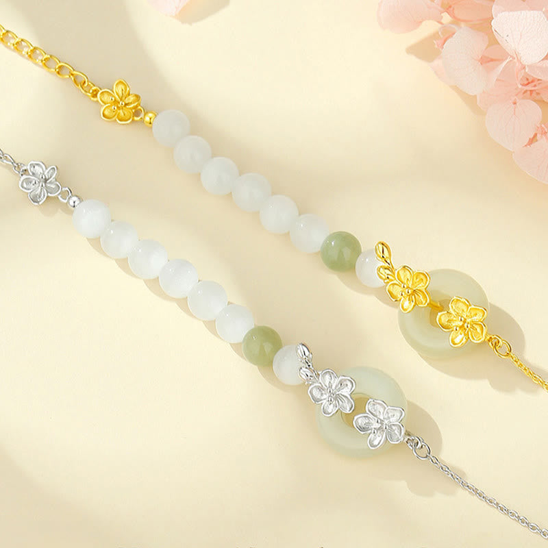 Fortune Jewel 999 Sterling Silver Natural Hetian Jade Peace Buckle Peach Blossom Luck Bracelet