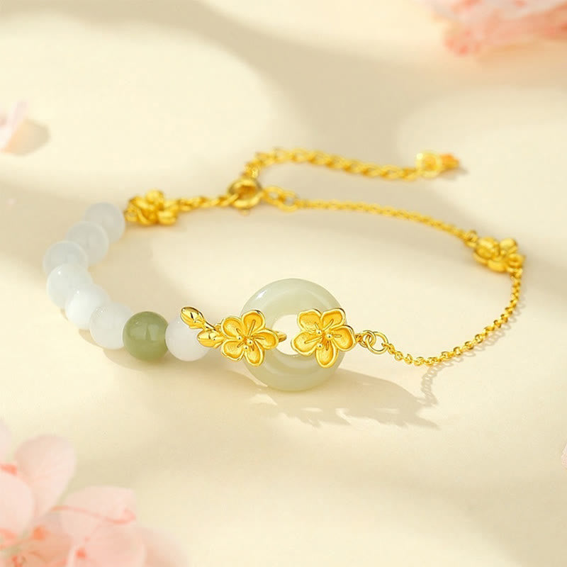 Fortune Jewel 999 Sterling Silver Natural Hetian Jade Peace Buckle Peach Blossom Luck Bracelet