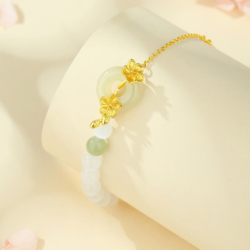 Fortune Jewel 999 Sterling Silver Natural Hetian Jade Peace Buckle Peach Blossom Luck Bracelet