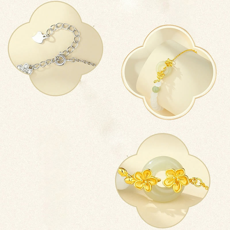 Fortune Jewel 999 Sterling Silver Natural Hetian Jade Peace Buckle Peach Blossom Luck Bracelet