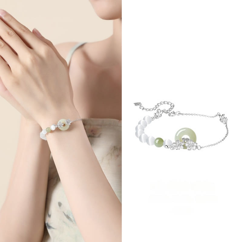 Fortune Jewel 999 Sterling Silver Natural Hetian Jade Peace Buckle Peach Blossom Luck Bracelet