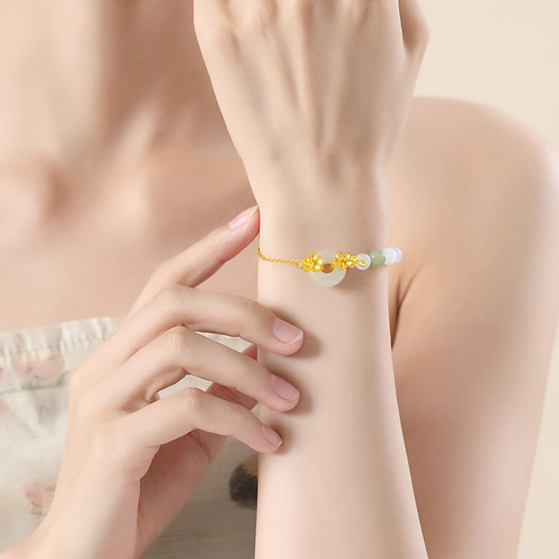 Fortune Jewel 999 Sterling Silver Natural Hetian Jade Peace Buckle Peach Blossom Luck Bracelet