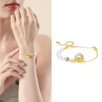 Fortune Jewel 999 Sterling Silver Natural Hetian Jade Peace Buckle Peach Blossom Luck Bracelet